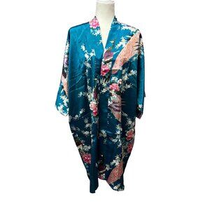Old Shanghai Peacock & Floral Kimono Robe Satin - Teal One Size